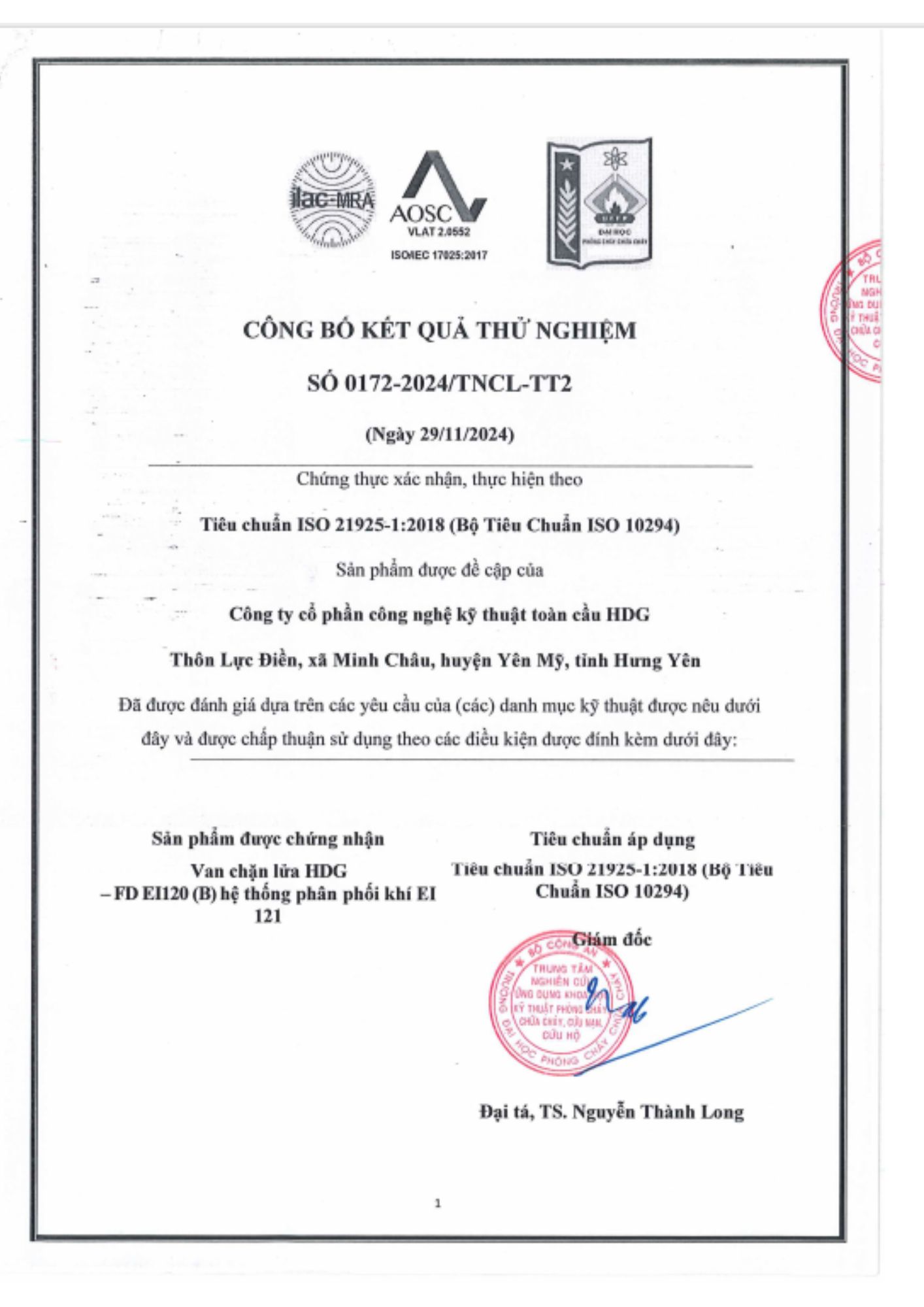 Kết quả test Van FD EI120